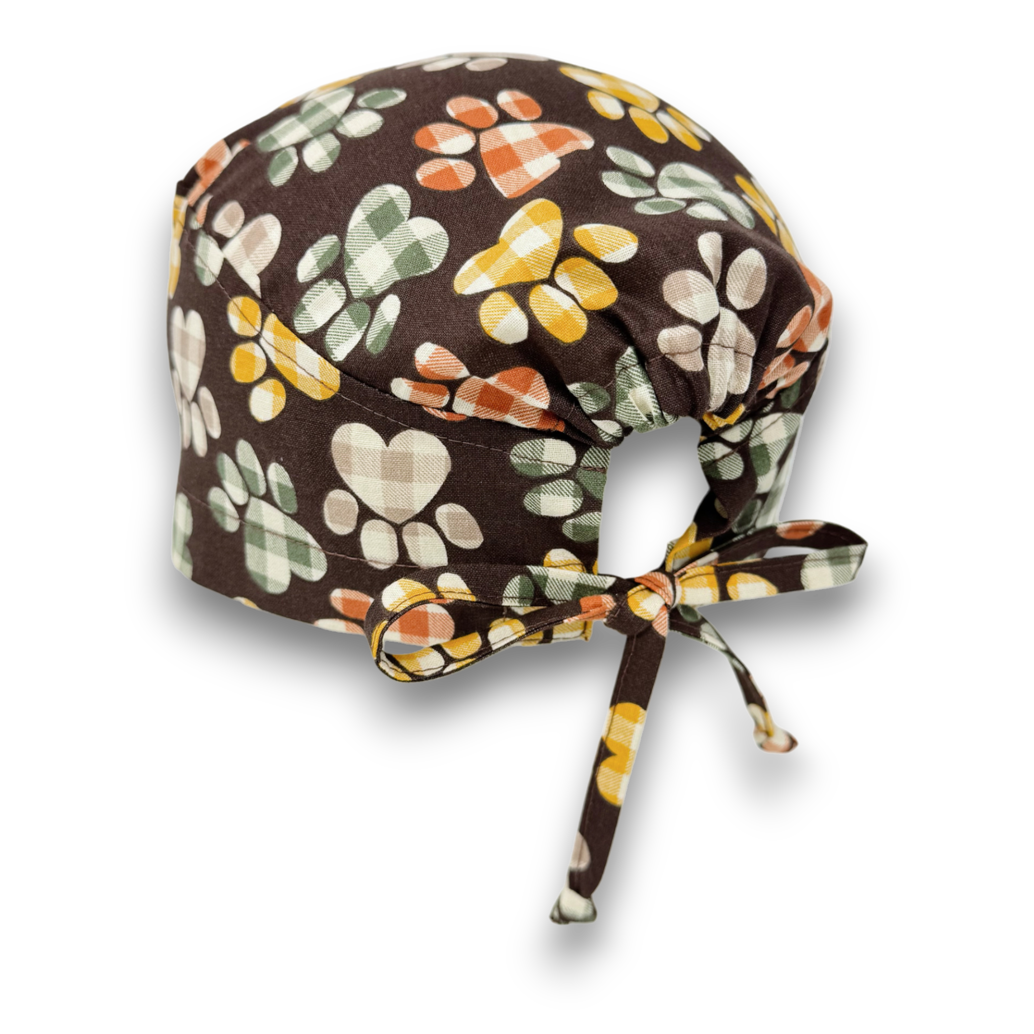 Fall Plaid Paw Print Skull tie-back style scrub cap for men by Paradise Caps.
