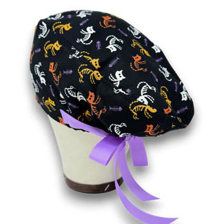 Skeleton Cat Euro scrub cap with ties for Women by Paradise Caps. Euro PLUS style.