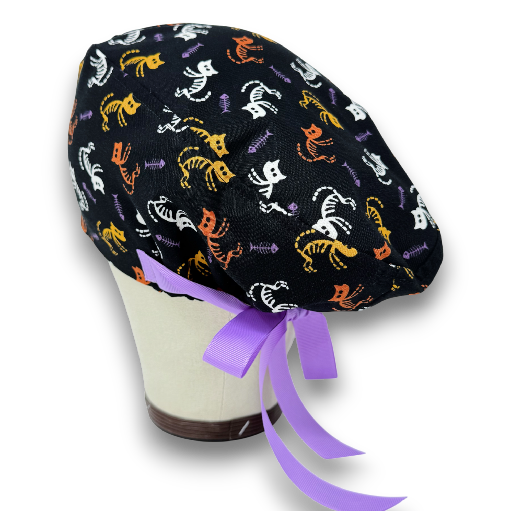 Skeleton Cat Euro scrub cap with ties for Women by Paradise Caps. Euro PLUS style.