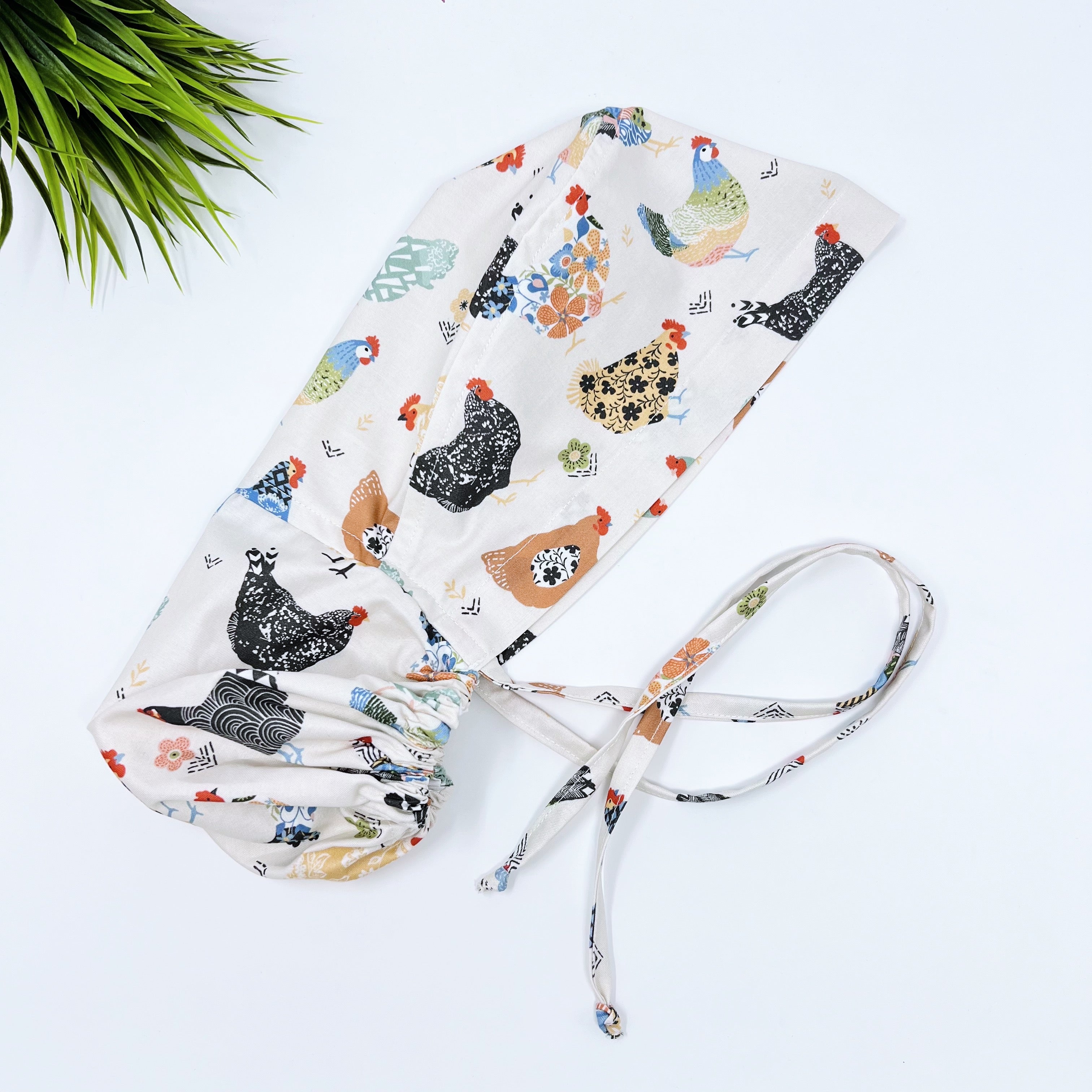 Chickens on ivory Ponytail scrub cap, Surgical cap women. Satin Lined Option Surgical cap with ponytail.