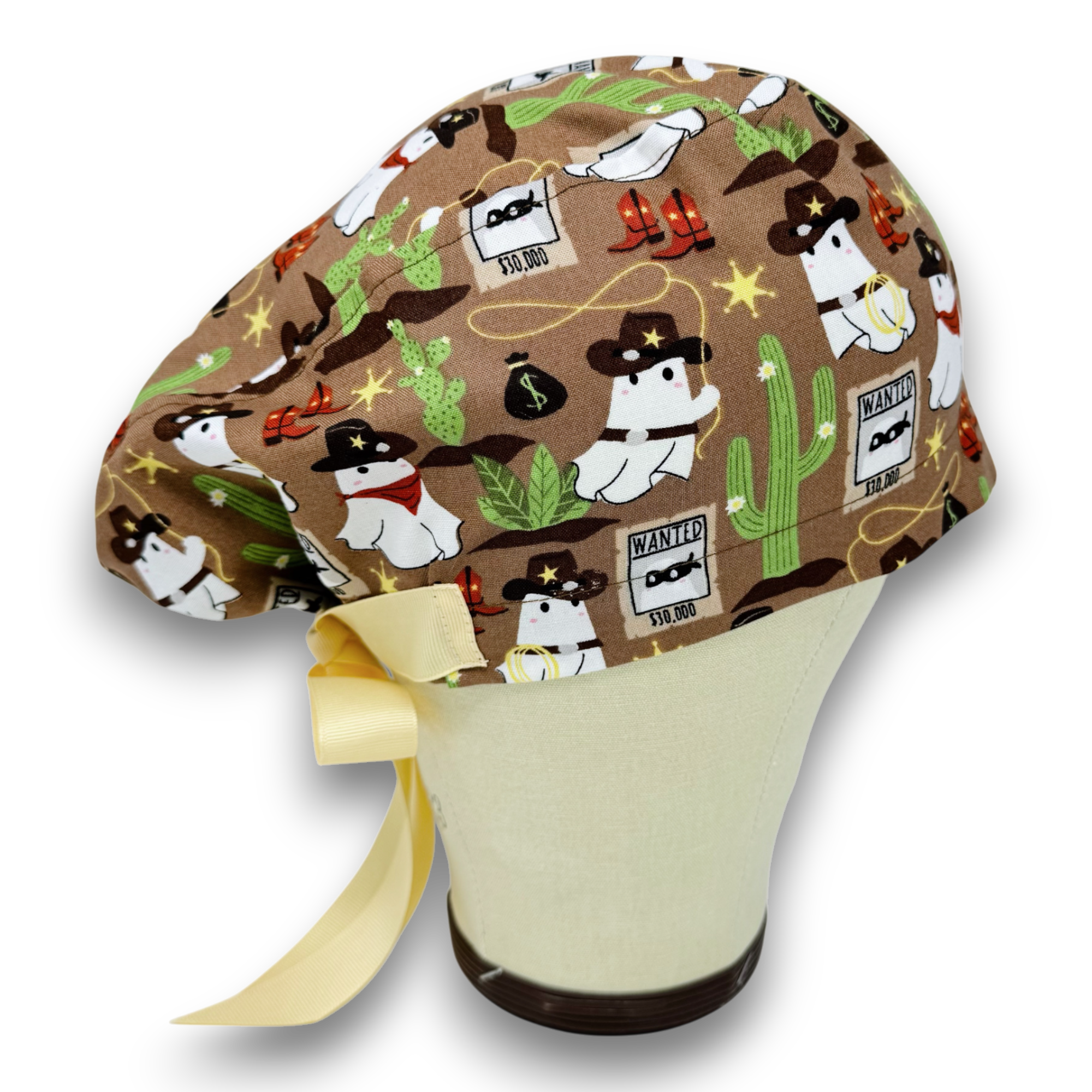 Cowboy Boo Euro scrub cap with ties for Women, Halloween European Surgical cap with Satin Lined Option by Paradise Caps. Euro PLUS style.