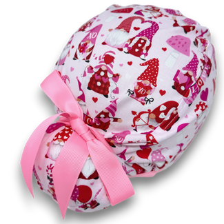 Euro scrub cap with ties for Women. Valentine's day gnome European Surgical cap with Satin Lined by Paradise Caps.