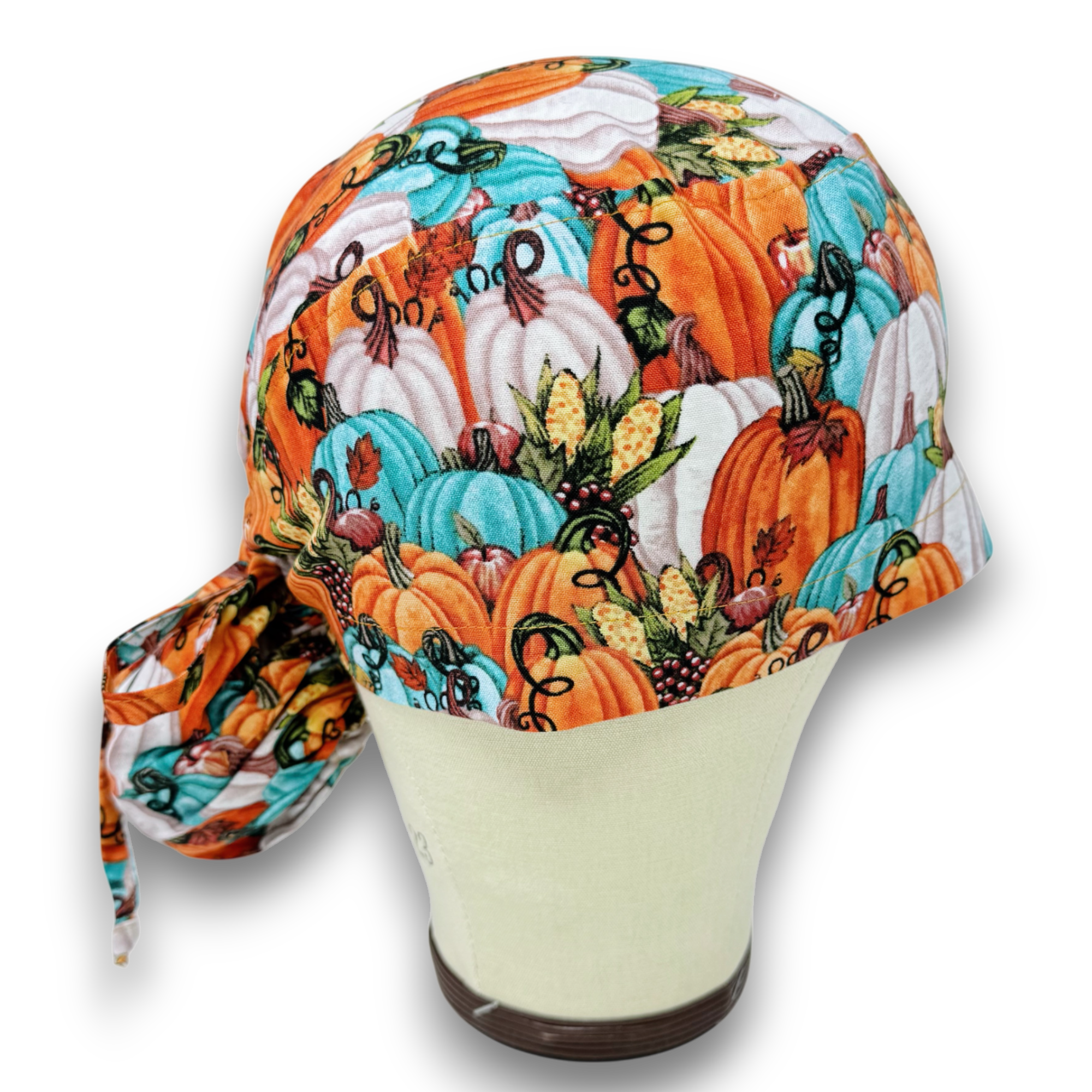 Thanksgiving Pumpkin Ponytail scrub cap for women with satin lined option by Paradise Caps.