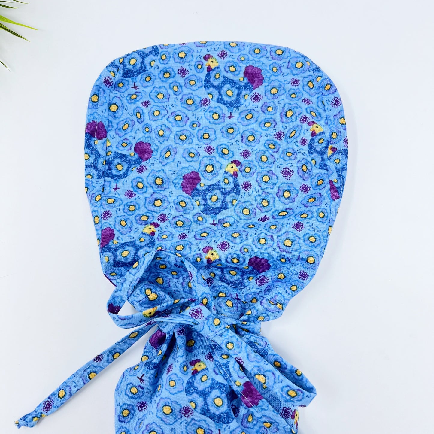 Chickens on blue Ponytail scrub cap, Surgical cap women. Satin Lined Option Surgical cap with ponytail.