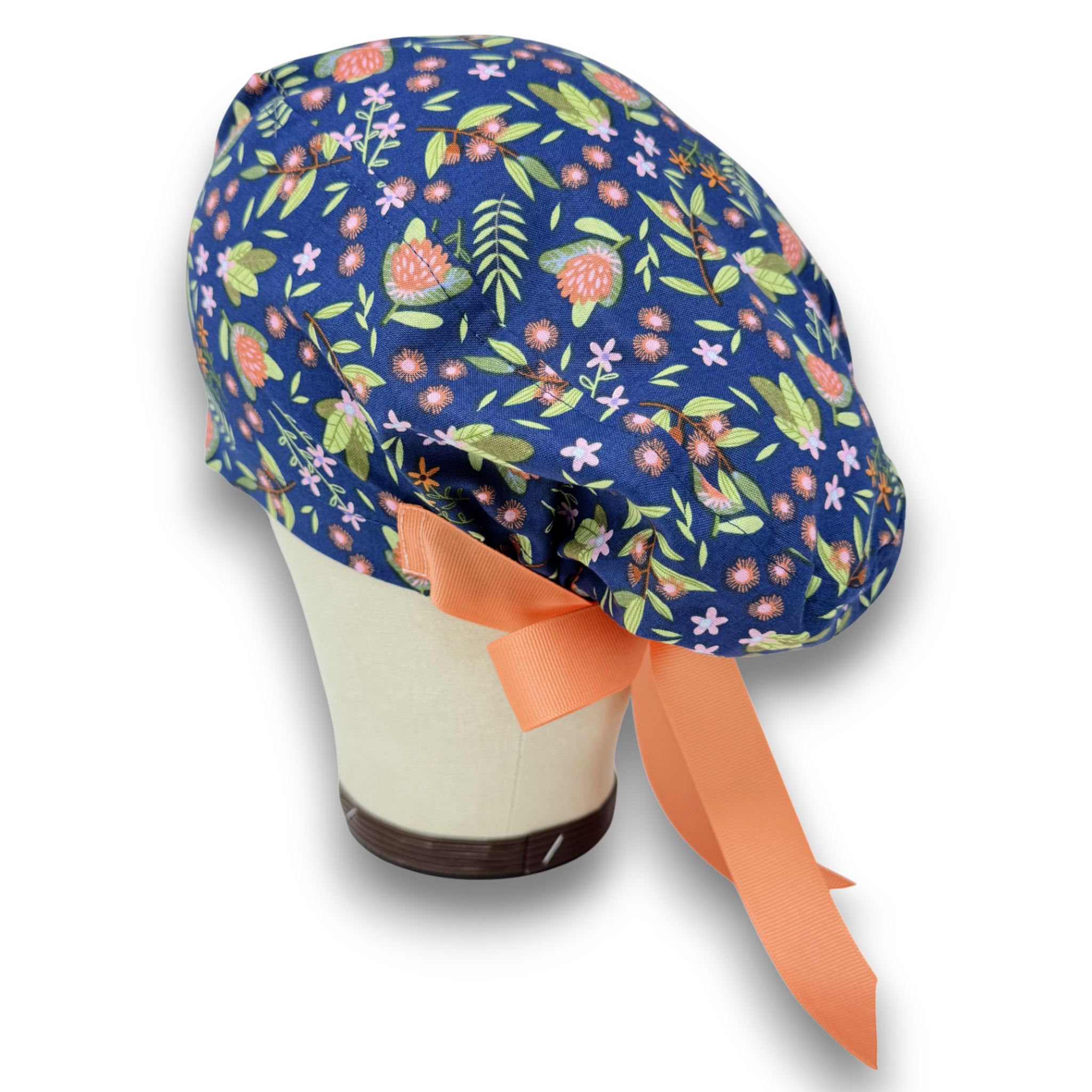 Floral Euro scrub cap with ties for Women by Paradise Caps. Euro PLUS style.