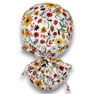 Fall flower Ponytail scrub cap for women. Satin Lined Option Surgical cap with ponytail by Paradise Caps.