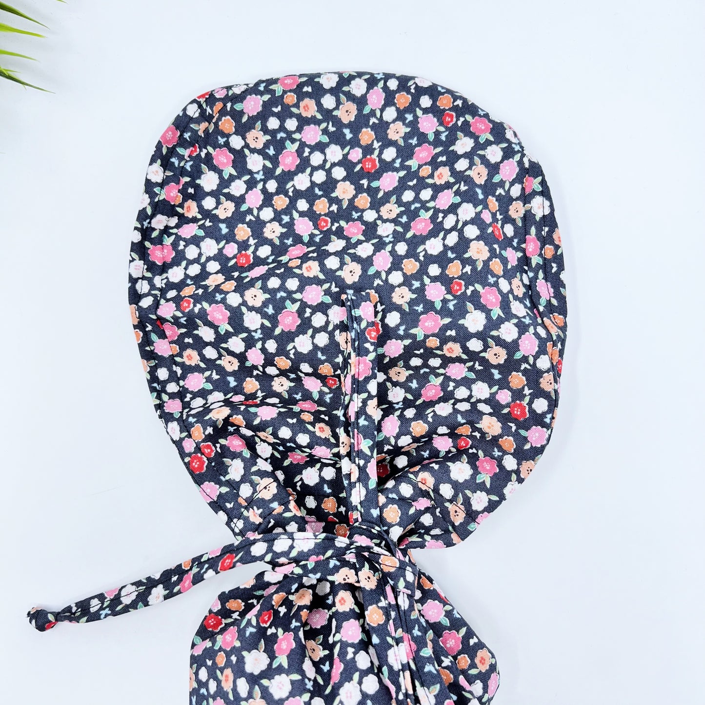 Flowerbed Ponytail scrub cap, Surgical cap women. Satin Lined Option Surgical cap with ponytail.