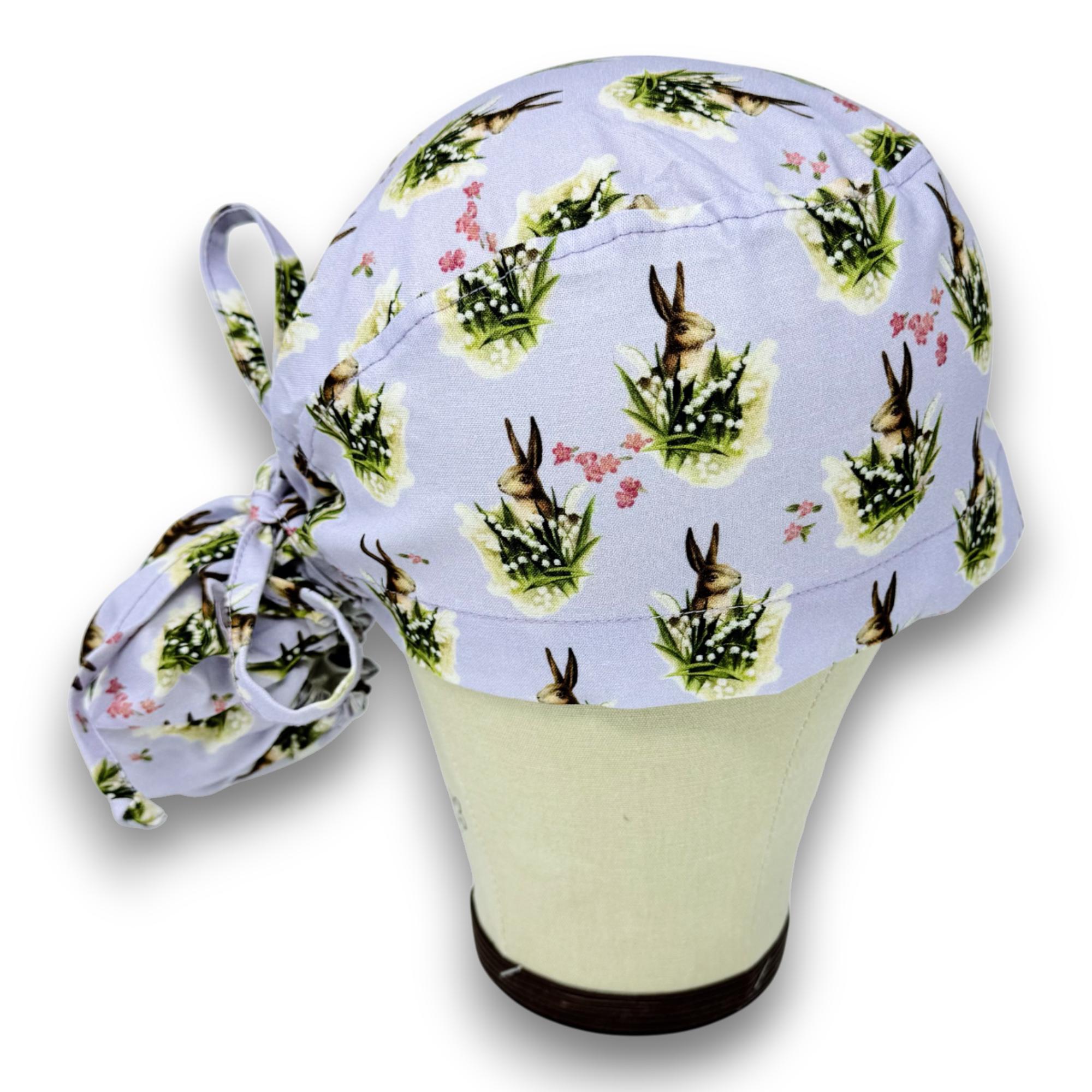 Easter Ponytail Scrub Cap for Women, Bunnies - Lilac Surgical cap with ponytail. Satin Lined Option