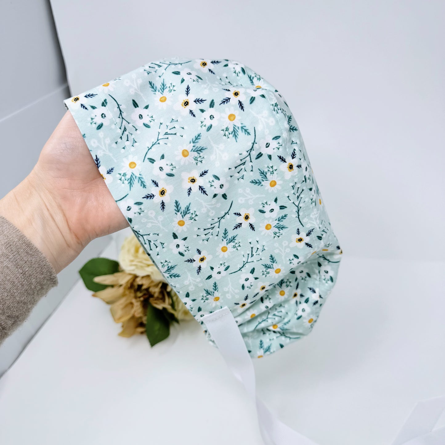 Floral Euro scrub cap with ties for Women, Chamomile European Surgical cap with Satin Lined by Paradise Caps.