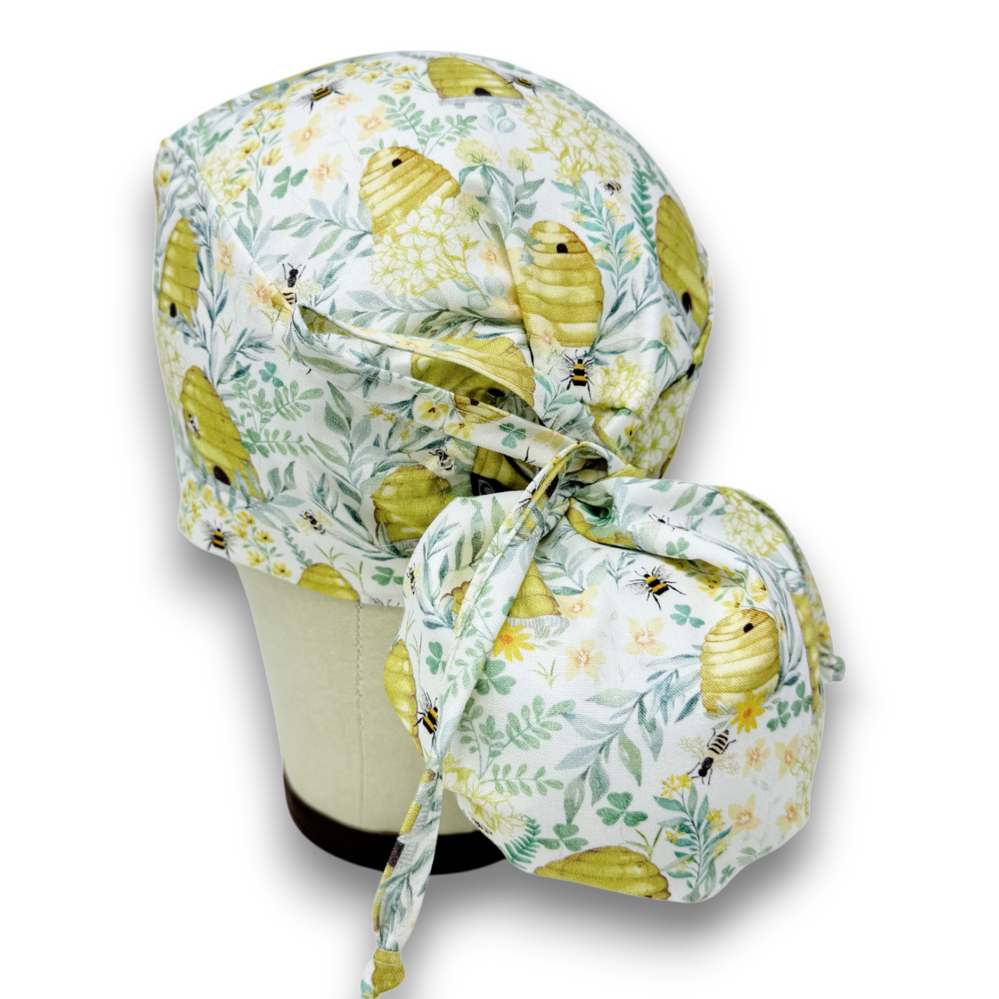 Bee Ponytail scrub cap for women with satin lined option by Paradise Caps.