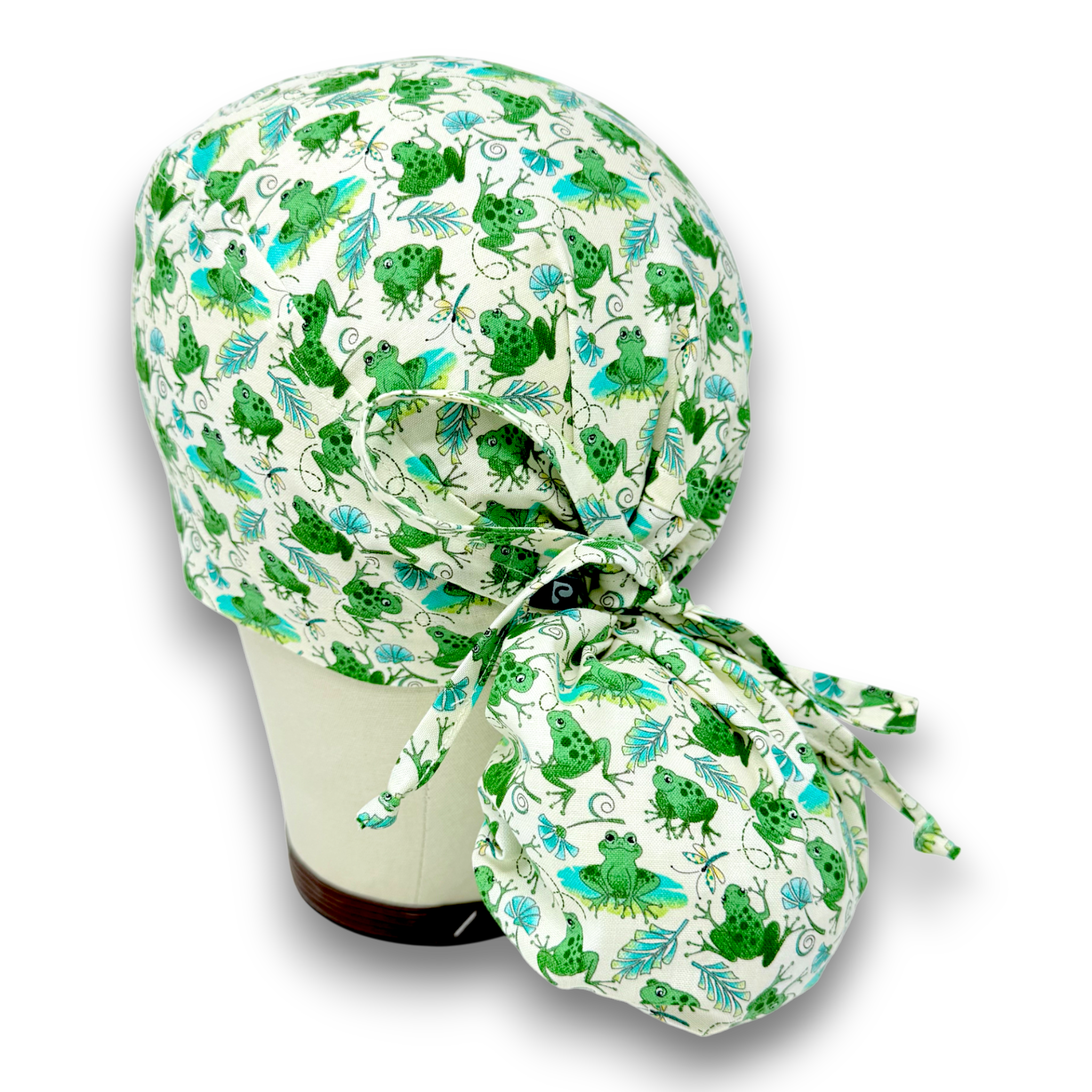 Frog Ponytail scrub cap for women with satin lined option by Paradise Caps.