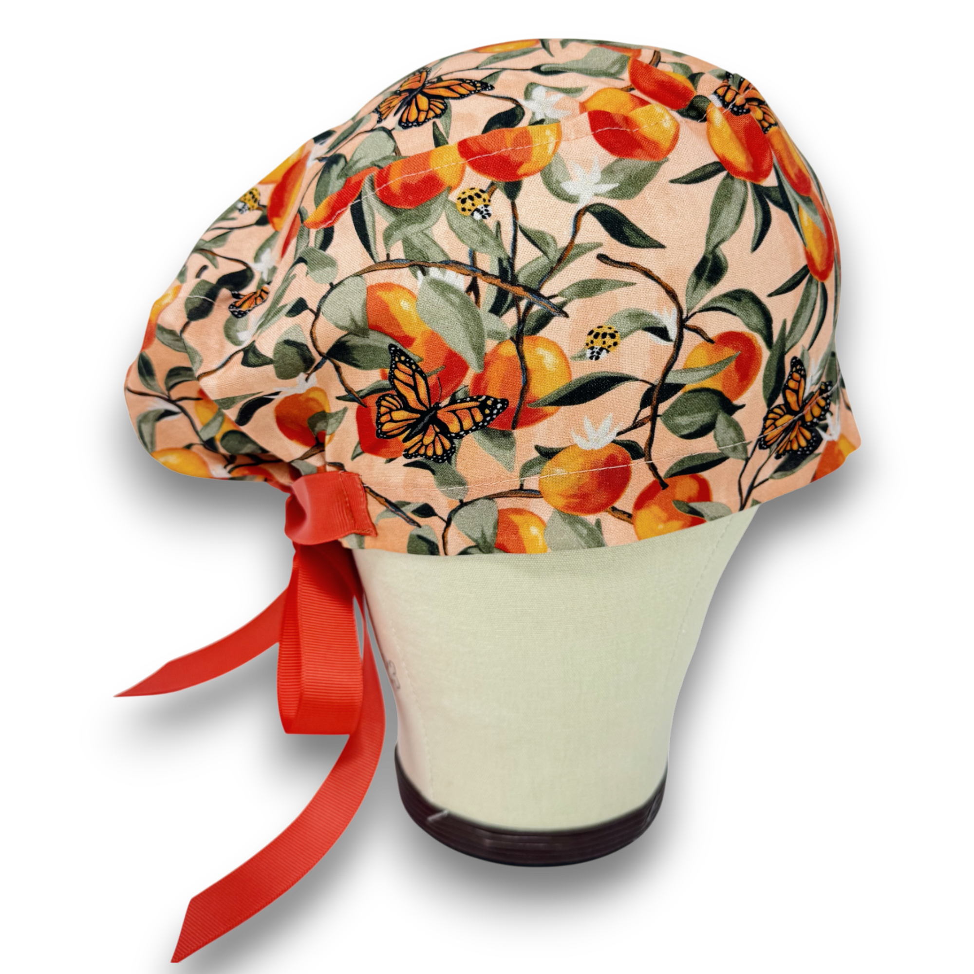 Peach Euro Scrub Cap with Ties – Satin Lined Option by ParadiseCaps, Scrub Hats for Women, European Style Surgical Cap.