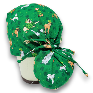 St. Patrick’s Day Ponytail scrub cap for women with satin lined option by Paradise Caps.