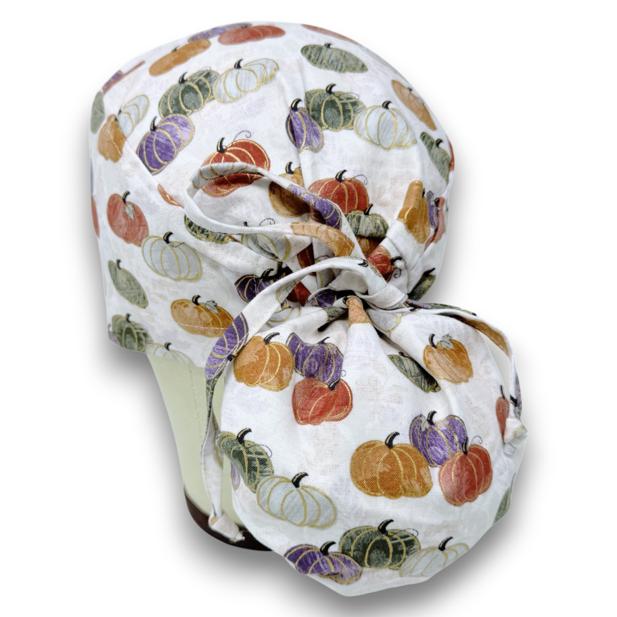 Pumpkin Ponytail scrub cap for women with satin lined option by Paradise Caps.