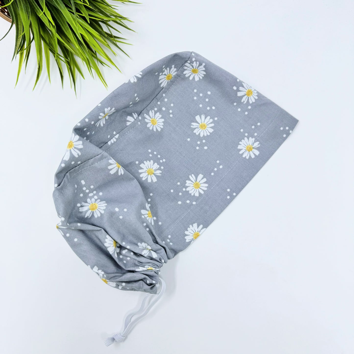 Gray Daisy Dots Euro Scrub Cap for Women, Surgical cap Satin Lined Option