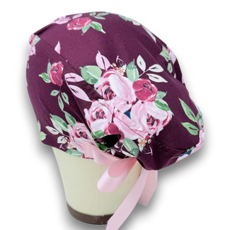 Berry rose Euro scrub cap with ties for Women by Paradise Caps. Euro PLUS style.