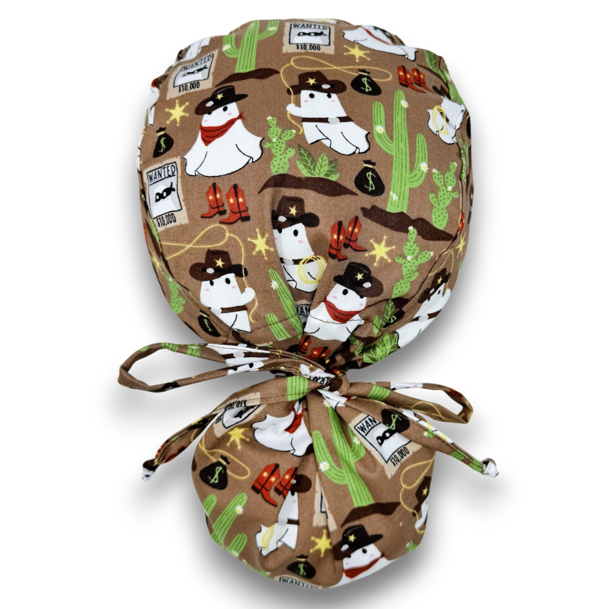 Cowboy Boo ponytail scrub cap, Halloween Surgical hat for women. Satin Lined Option Surgical cap by Paradise Caps.