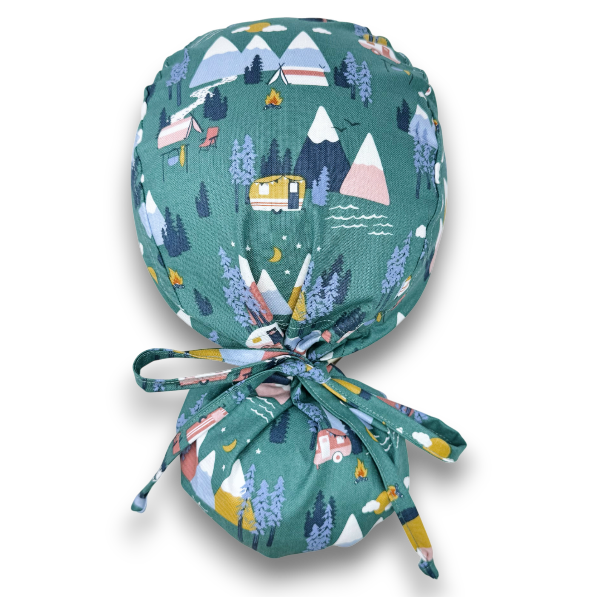 Camping Ponytail scrub cap for women with satin lined option by Paradise Caps.