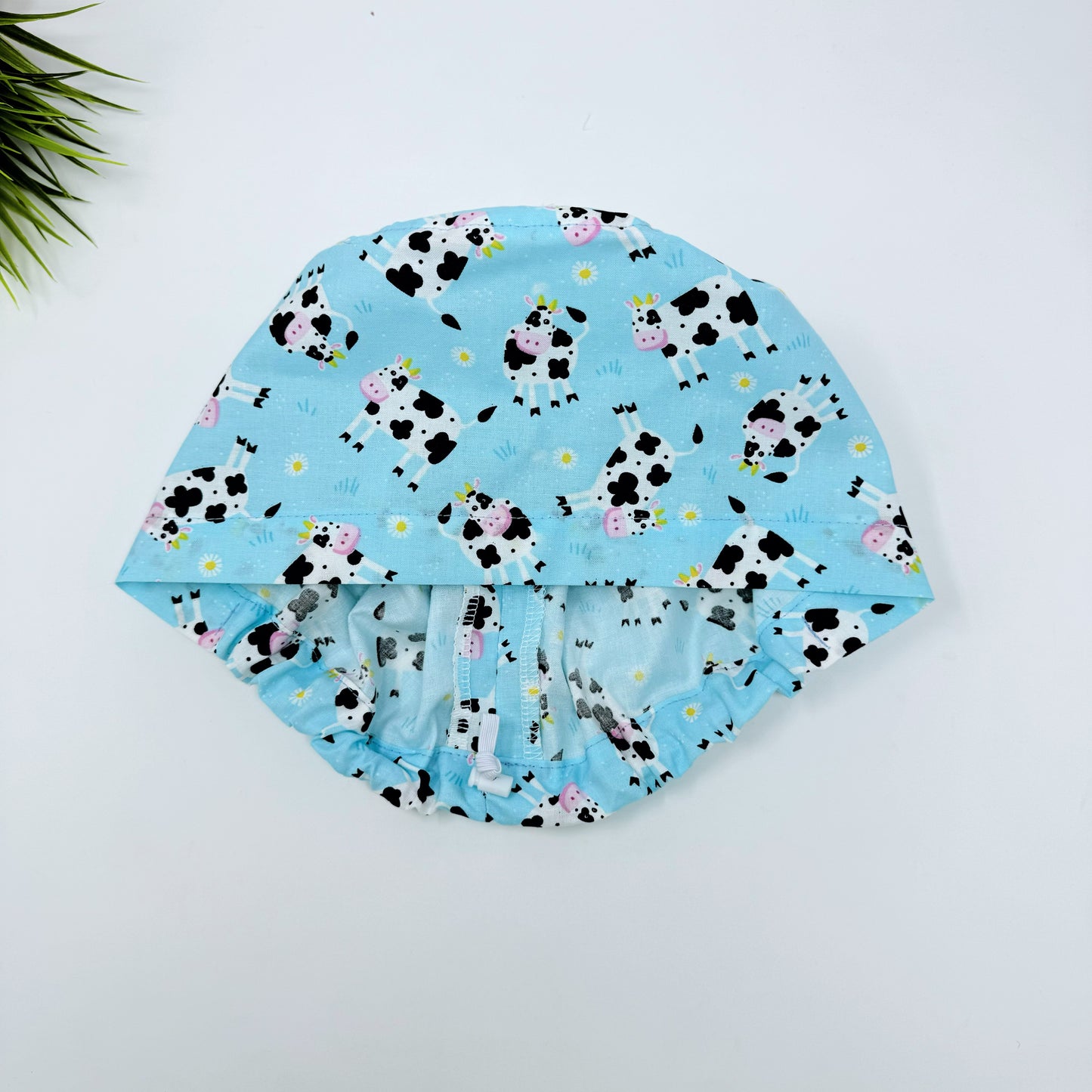 Cows on Blue Euro Scrub Cap for Women, Surgical cap Satin Lined Option