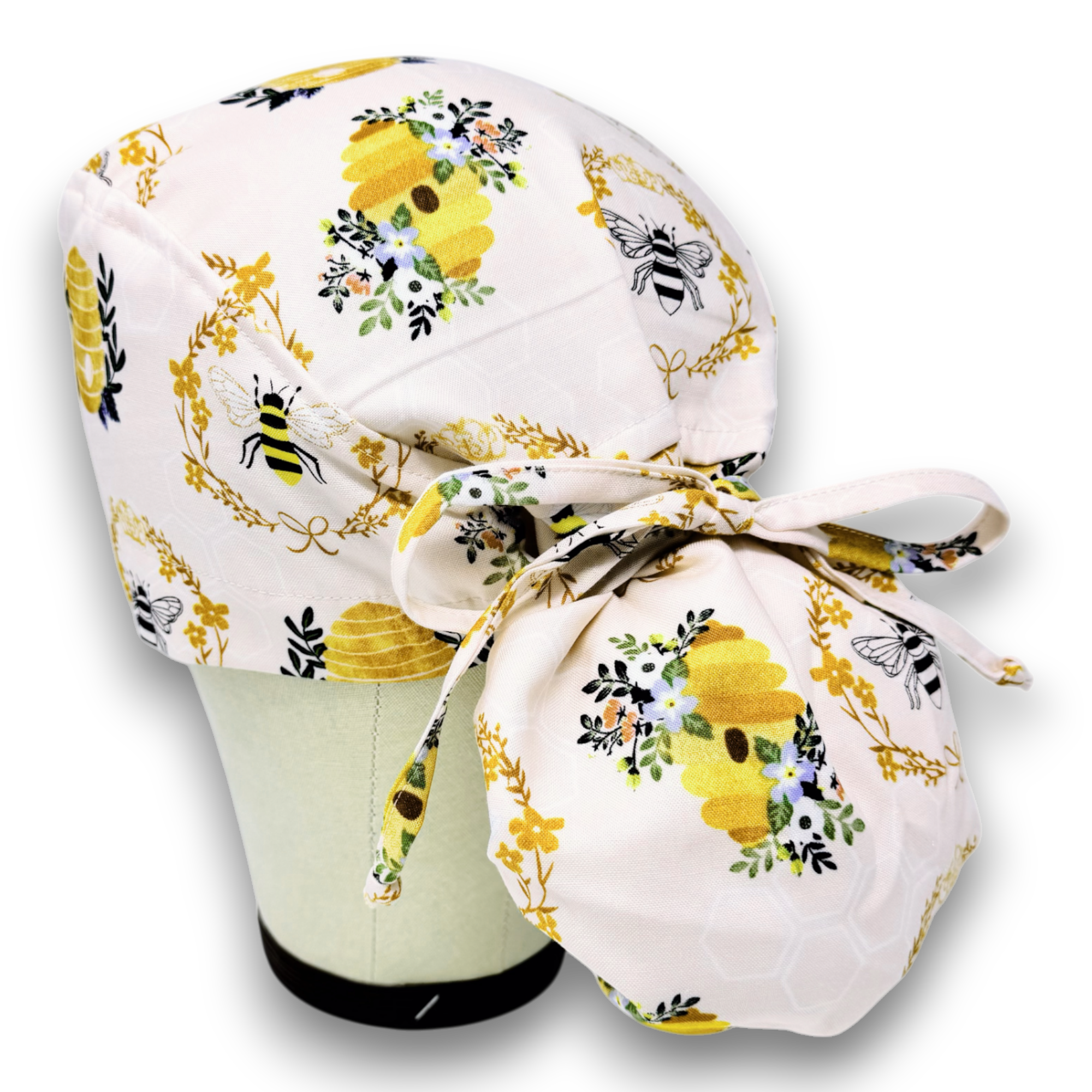 Bee Ponytail scrub cap for women with satin lined option by Paradise Caps.