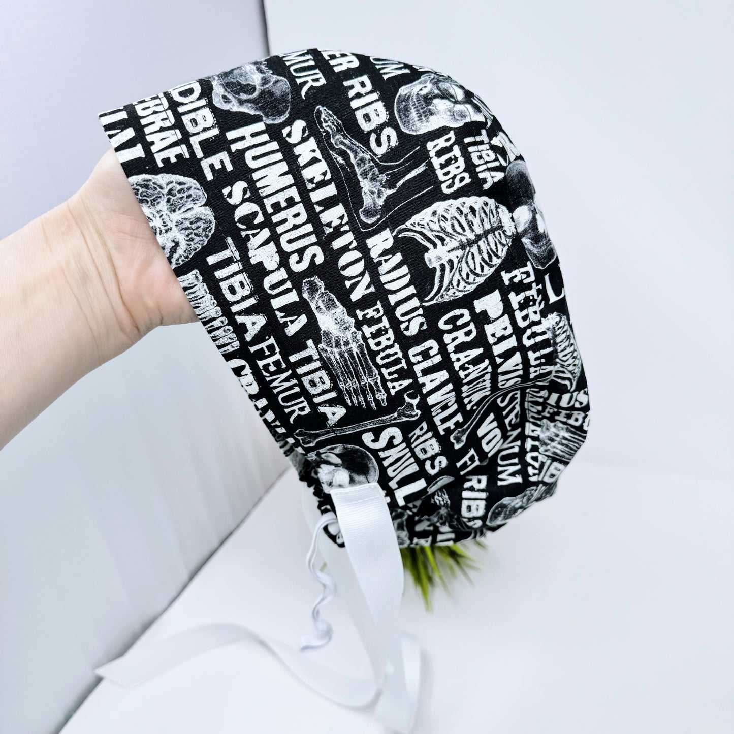 Skeleton Text Euro PLUS style with ties Scrub Cap for Women, Halloween European Surgical cap with Satin Lined Option.