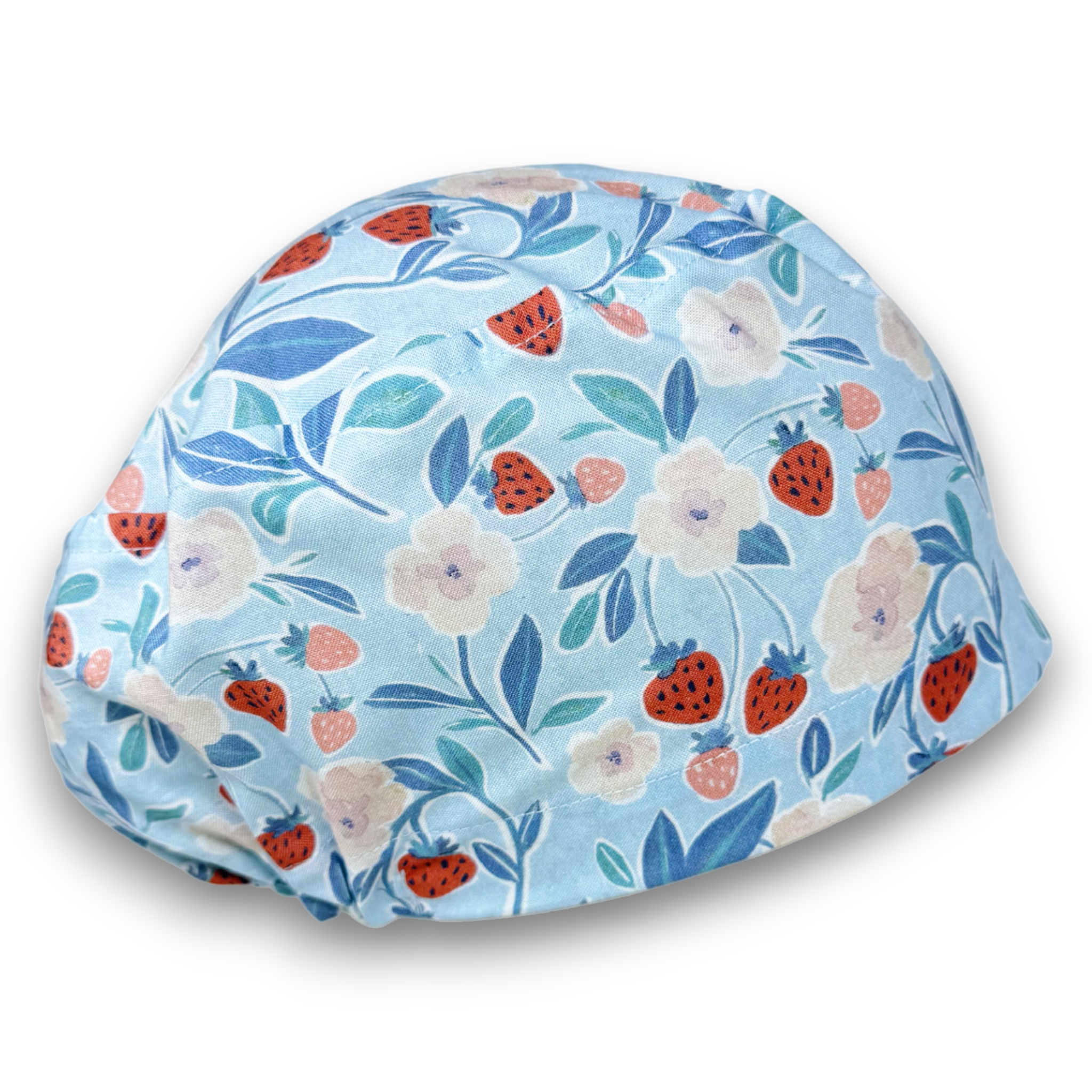 Strawberry Floral Euro Scrub Cap for Women, European surgical hat with satin lined by Paradise Caps. Blue.