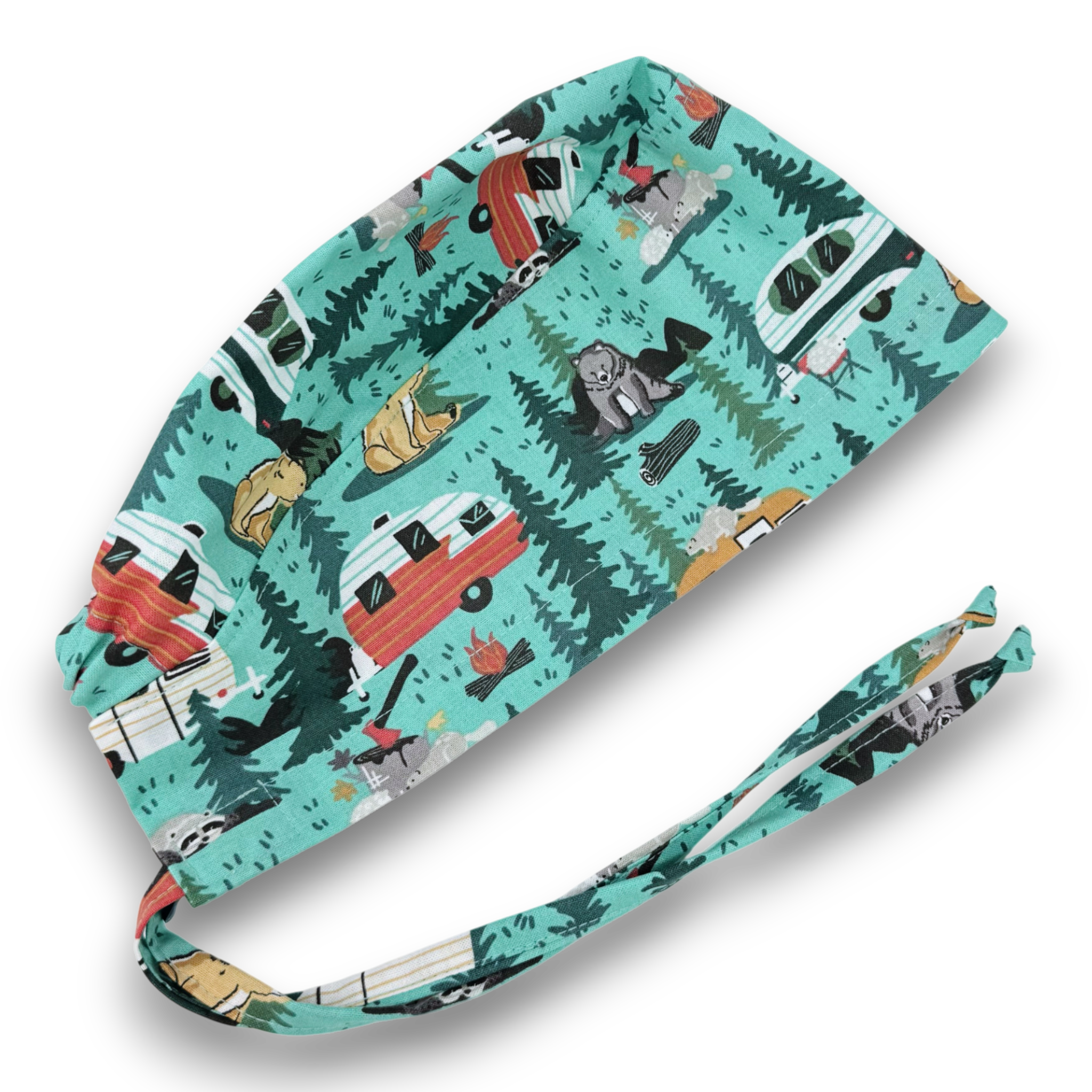 Forest Camping Skull tie-back style surgical scrub cap for men by Paradise Caps.