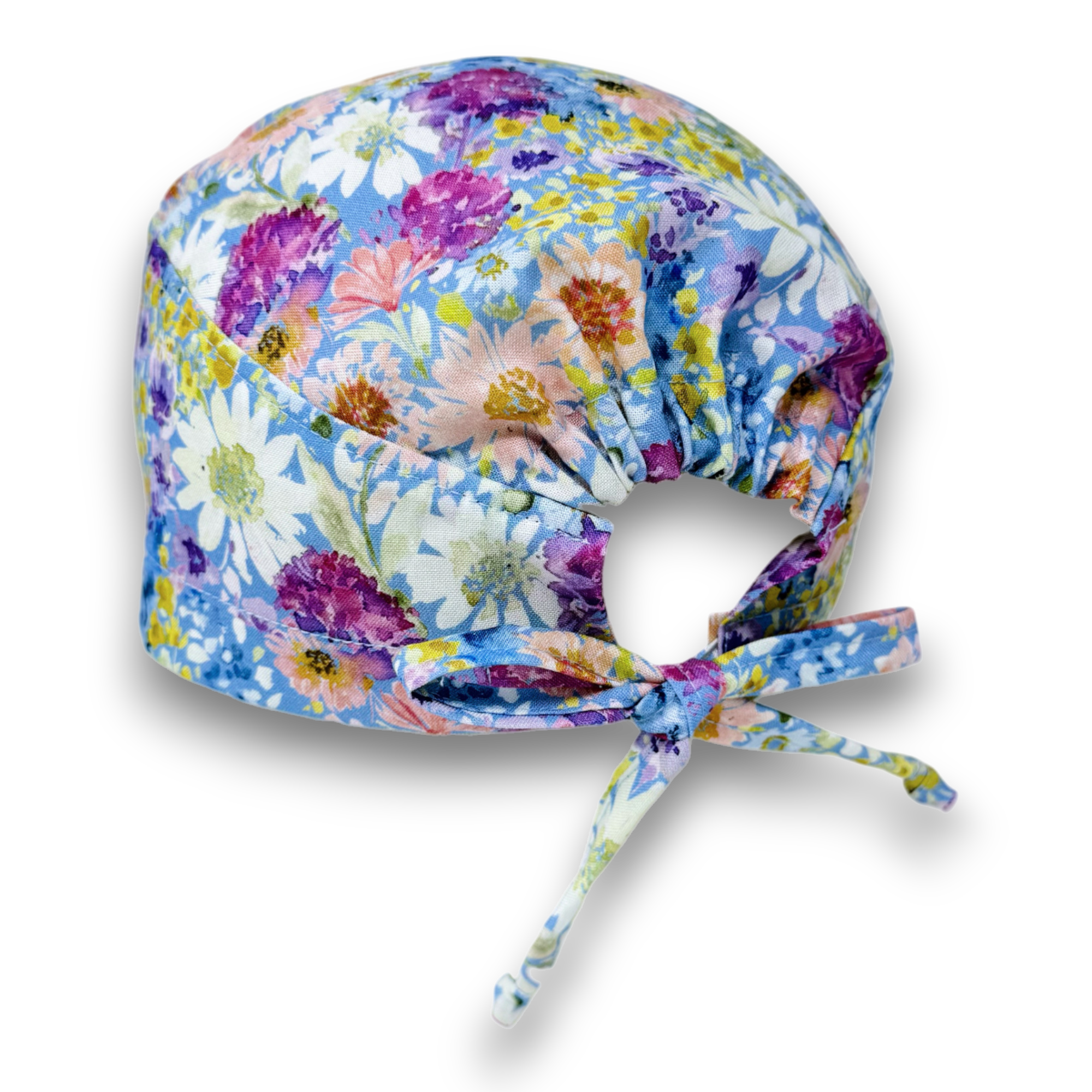 Watercolor Floral skull tie-back style surgical scrub cap by Paradise Caps.