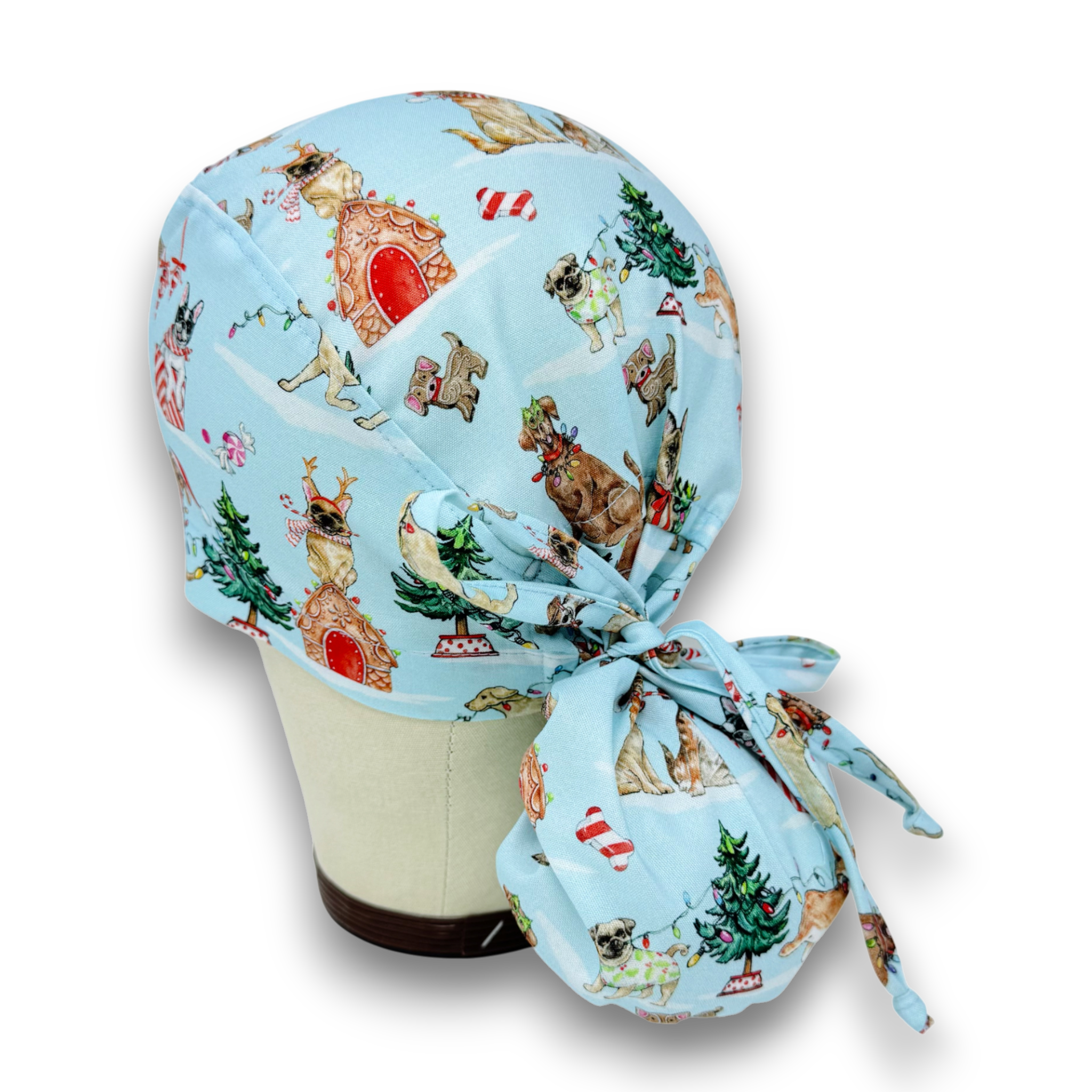 Christmas Dogs Ponytail scrub cap for women with satin lined option by Paradise Caps.