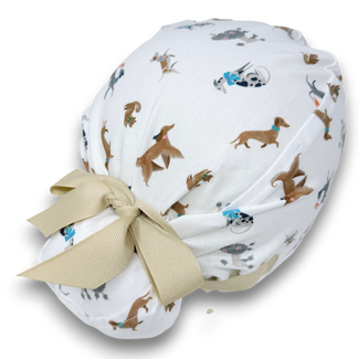 Euro scrub cap with ties for Women. Funny dogs European Surgical hat with Satin Lined Option by Paradise Caps. Euro PLUS style.