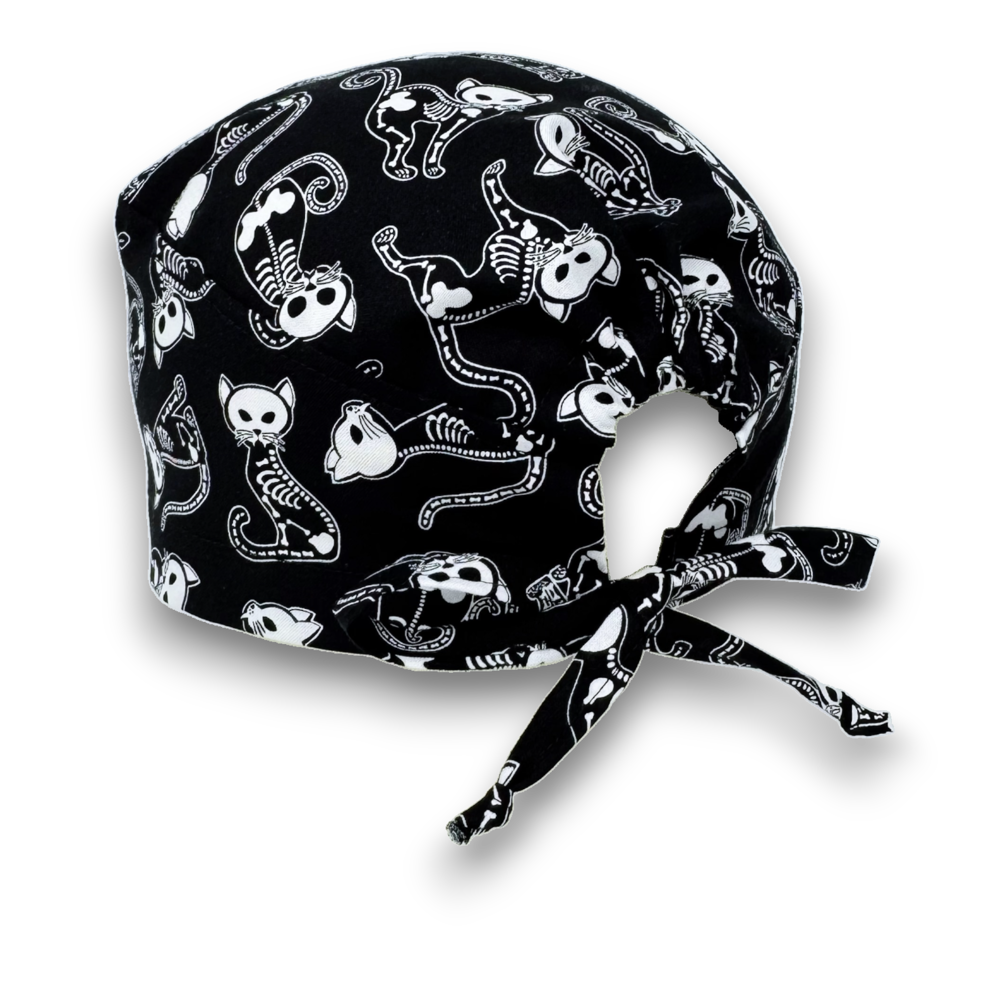 Skeleton Cats Skull tie-back style surgical scrub cap for men by Paradise Caps.