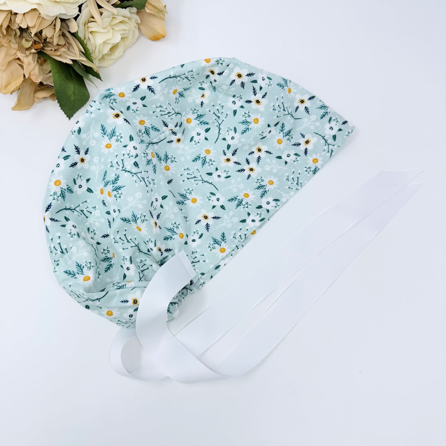 Floral Euro scrub cap with ties for Women, Chamomile European Surgical cap with Satin Lined by Paradise Caps.