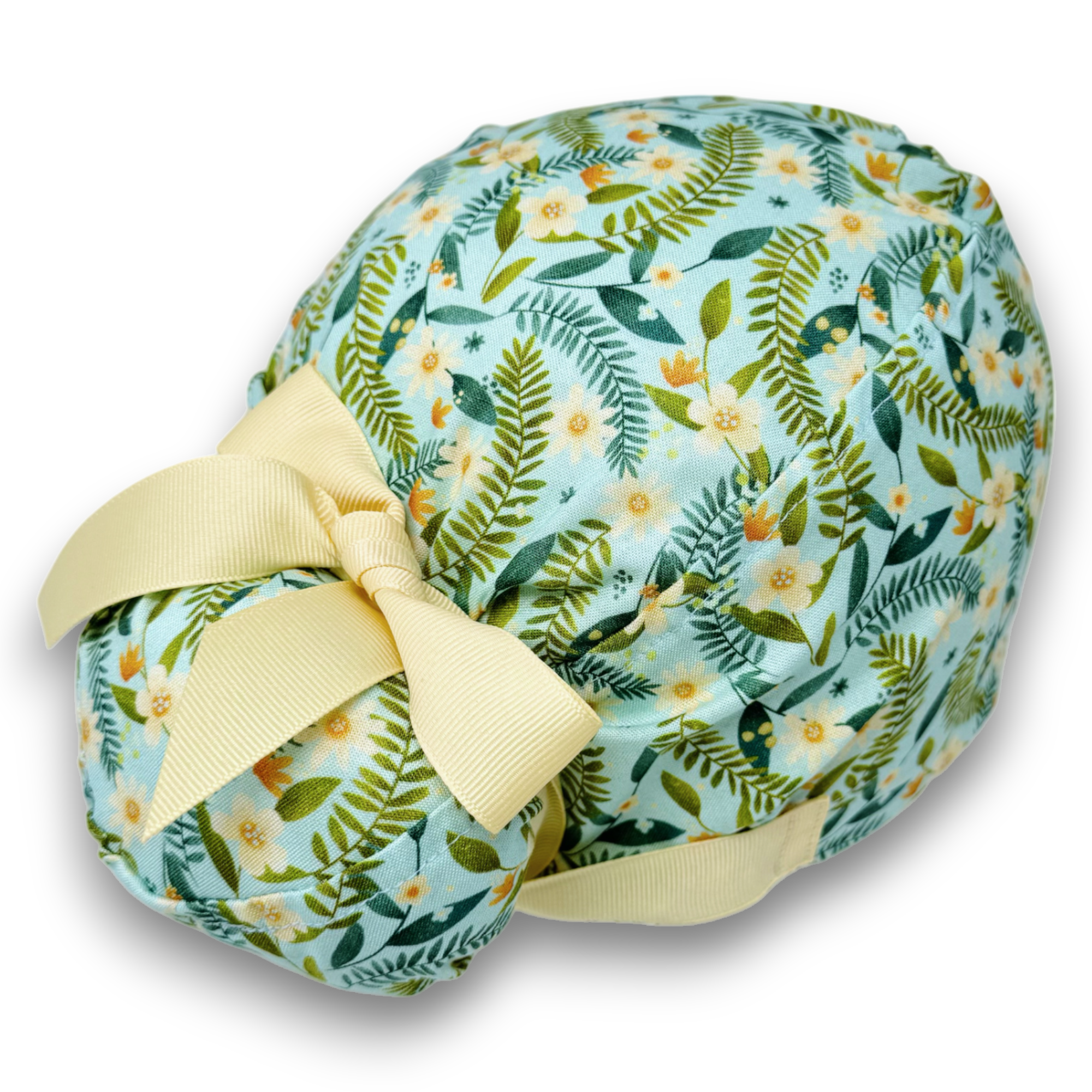 Yellow flower Euro scrub cap with ties for Women by Paradise Caps. Euro PLUS style.
