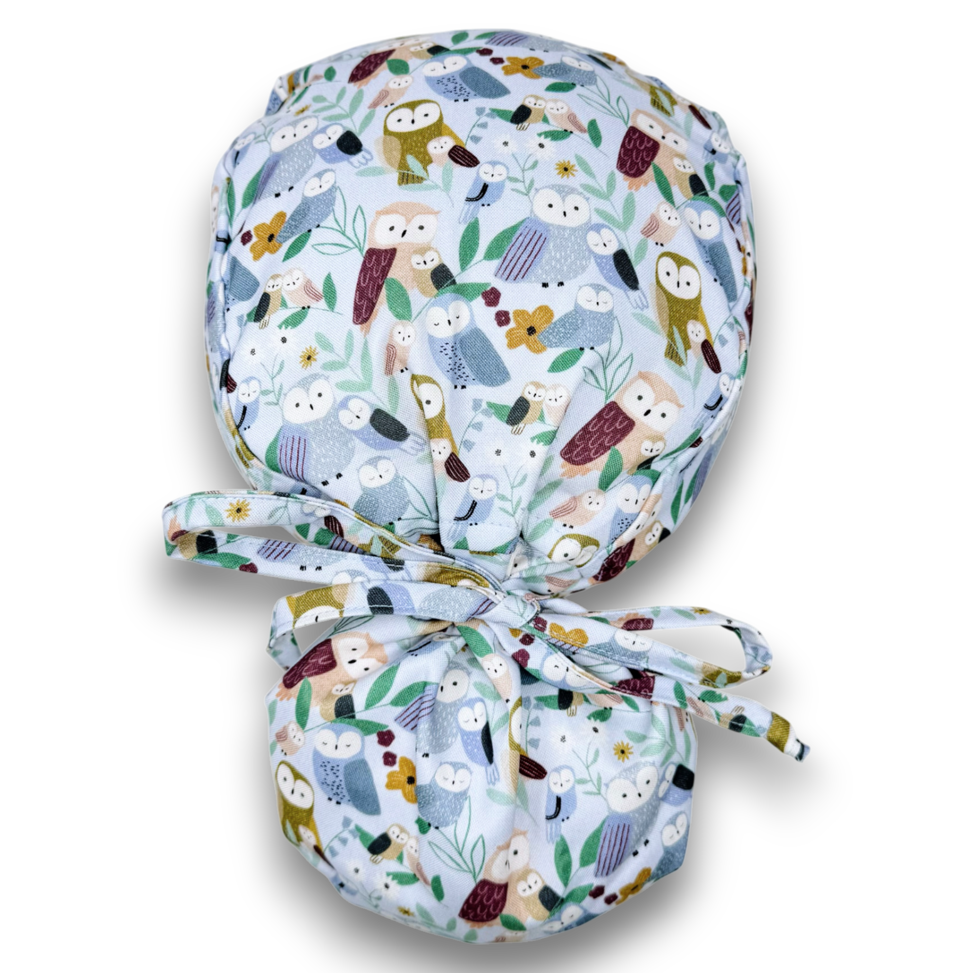 Owl Ponytail scrub cap for women with satin lined option by Paradise Caps.