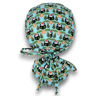 Christmas Cat Ponytail scrub cap for women with satin lined option by Paradise Caps.