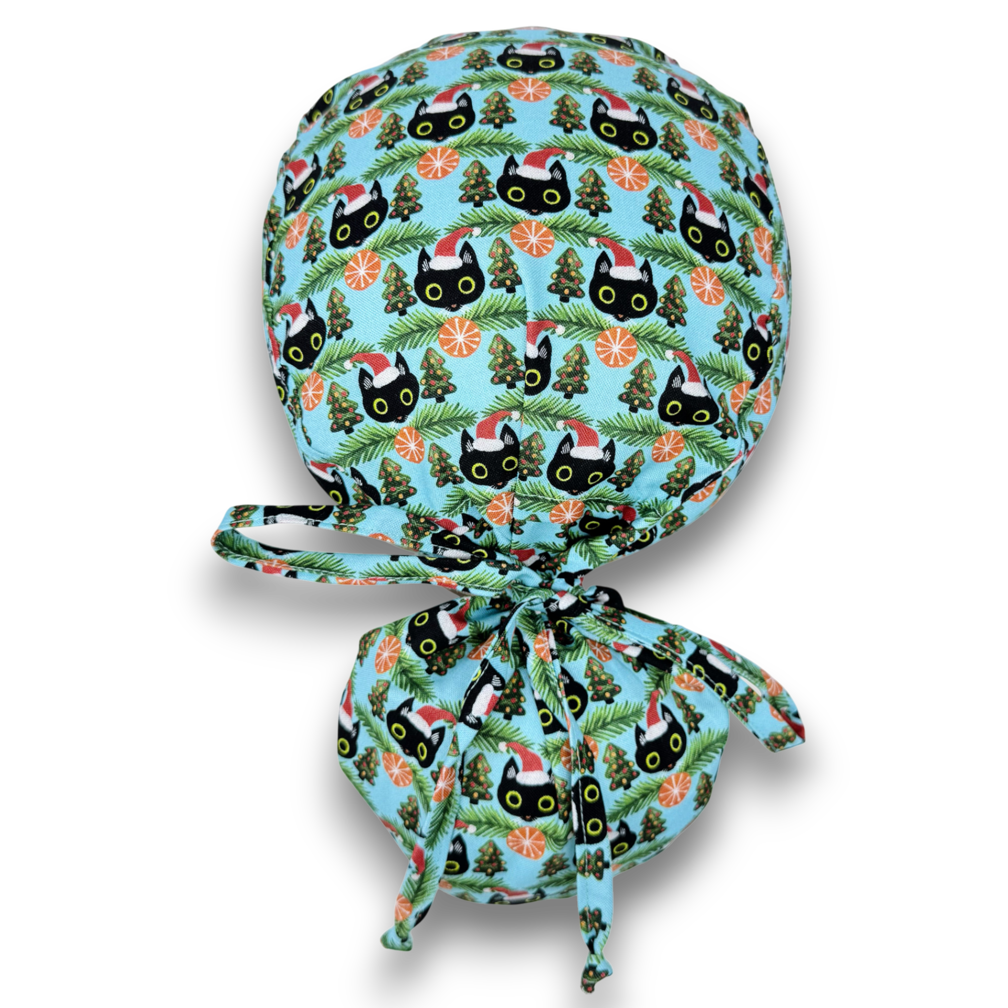 Christmas Cat Ponytail scrub cap for women with satin lined option by Paradise Caps.