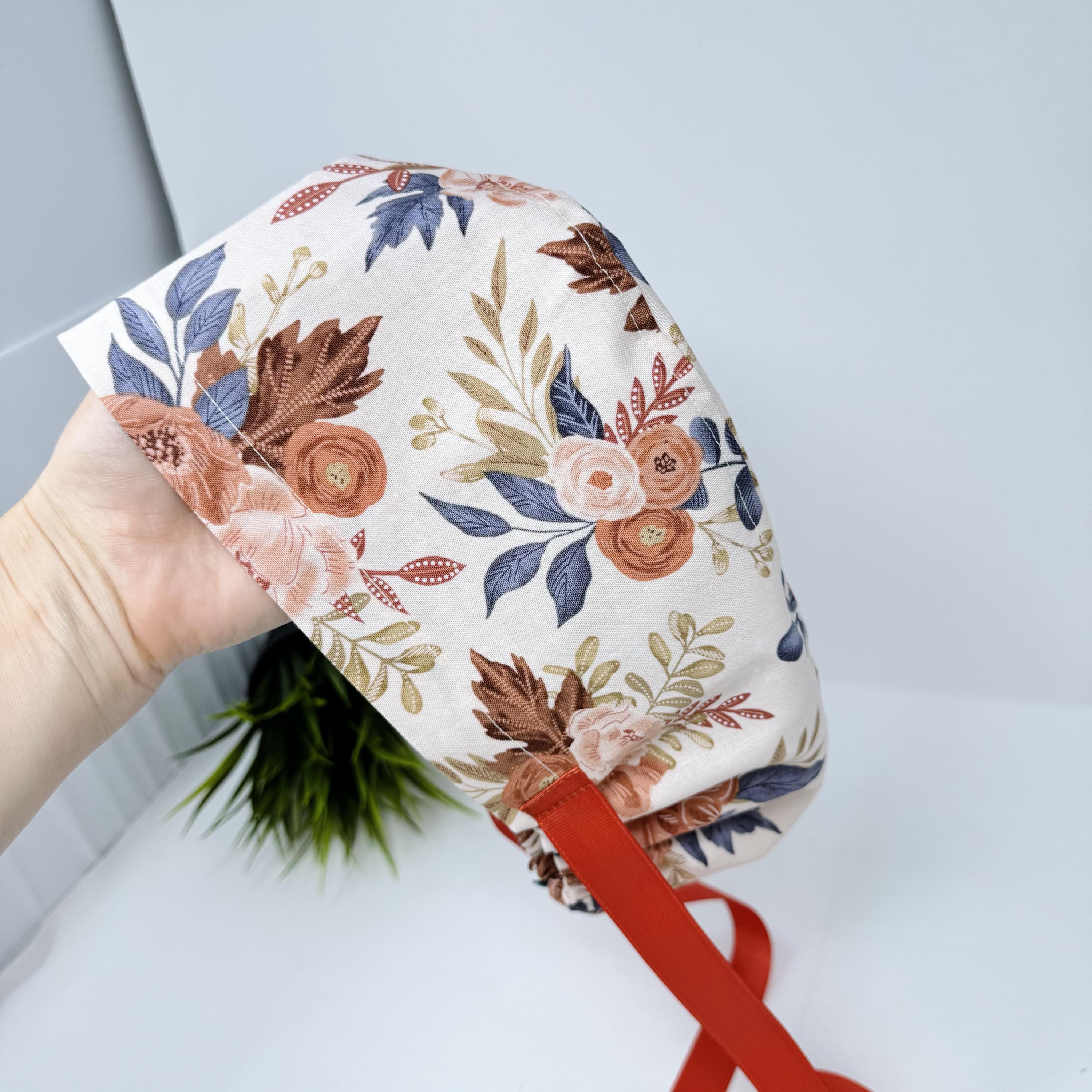 Floral Euro scrub cap with ties for Women. Fall European Surgical cap with Satin Lined Option by Paradise Caps. Euro PLUS style.