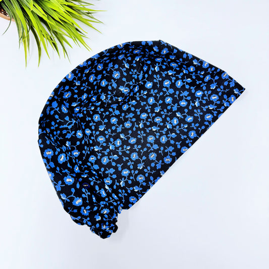 Blue Flower Euro Scrub Cap for Women, Surgical cap Satin Lined Option