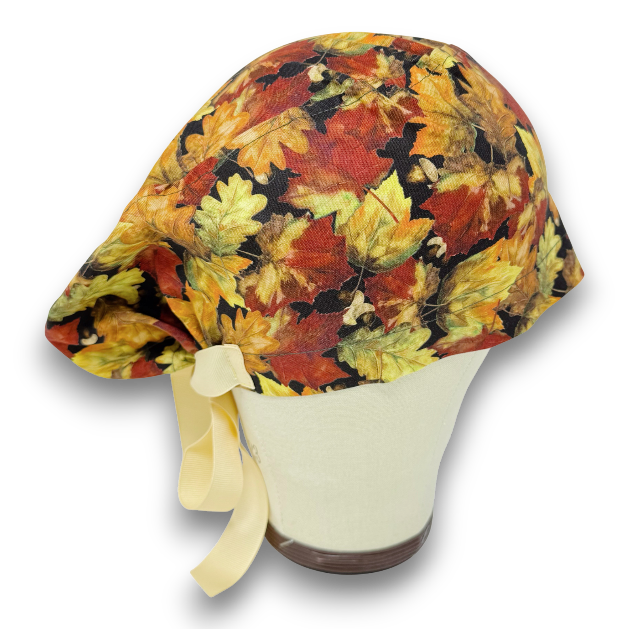 Fall leaves Euro scrub cap with ties for Women by Paradise Caps. Euro PLUS style.