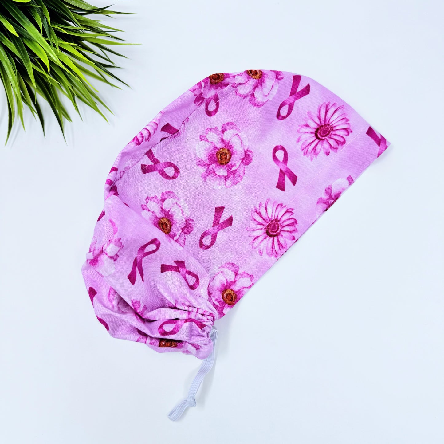 Pink Flower Ribbon Euro Scrub Cap for Women, Surgical cap Satin Lined Option