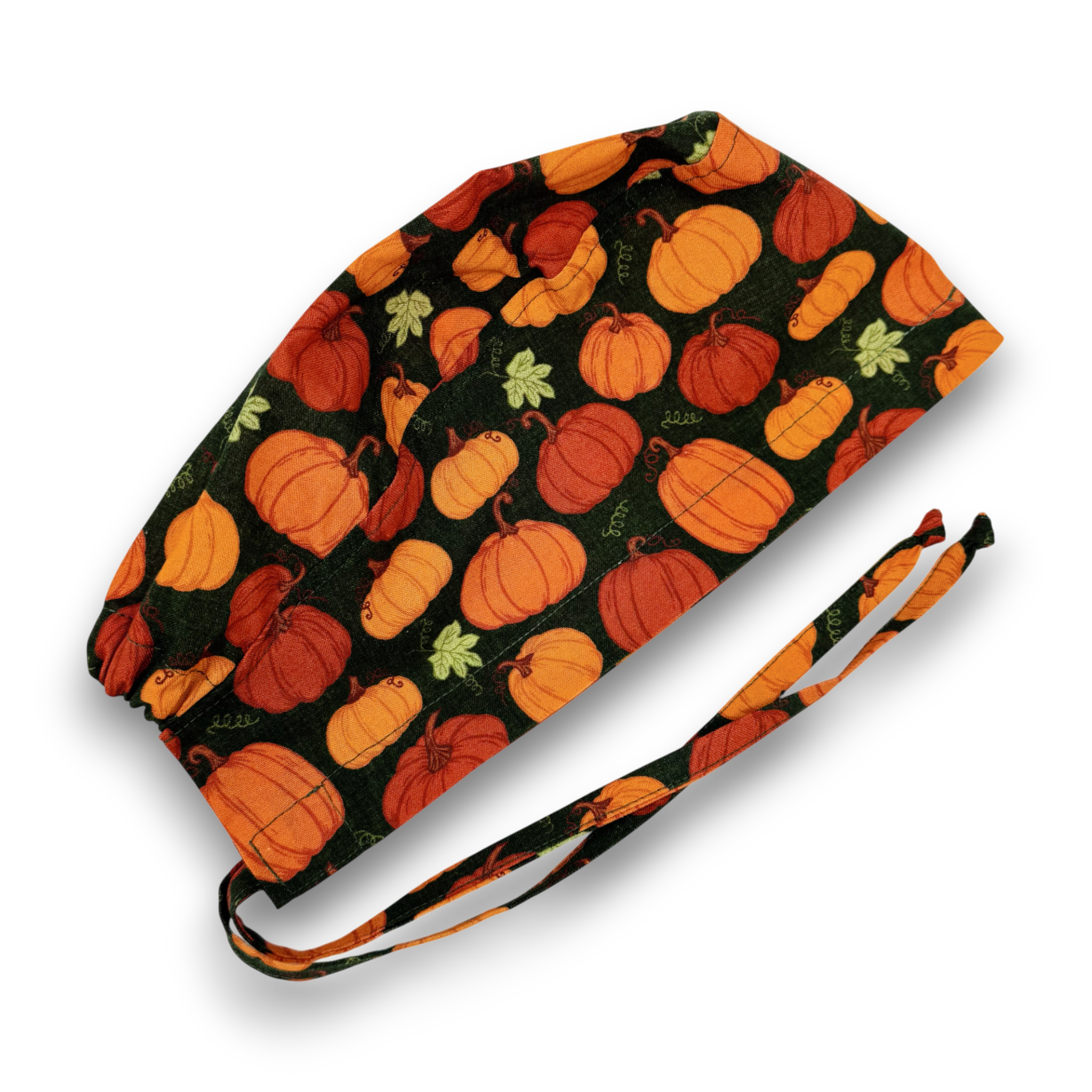 Dark Green Rustic Pumpkin Skull tie-back style surgical scrub cap for men by Paradise Caps.