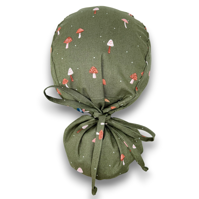 Autumn Mushroom ponytail scrub cap for women, satin-lined option — Paradise Caps