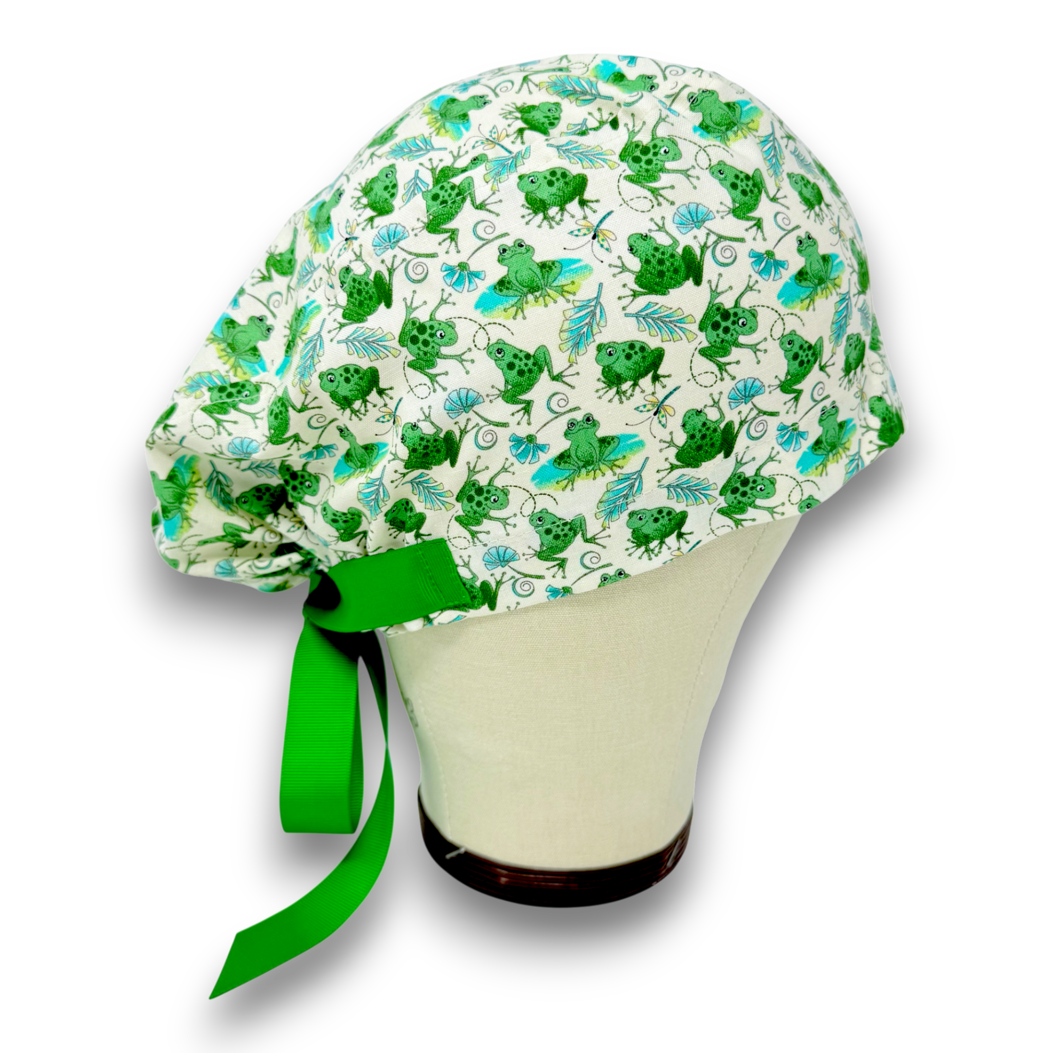 Frog Euro scrub cap with ties for Women. Jungle European Surgical cap with Satin Lined Option by Paradise Caps. Euro PLUS style.