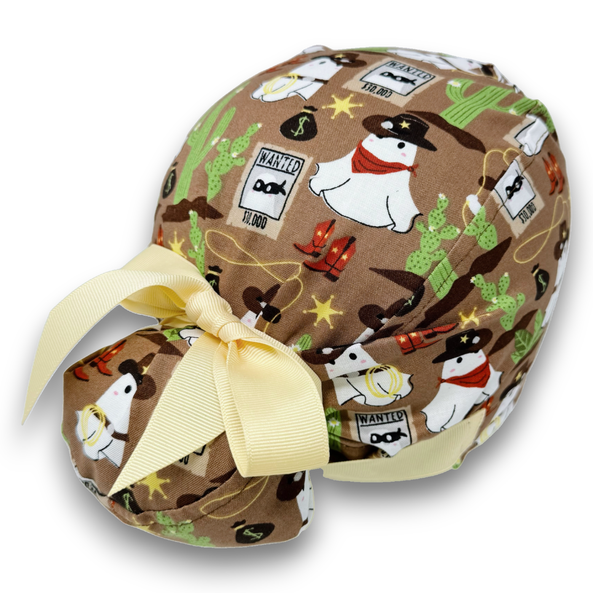 Cowboy Boo Euro scrub cap with ties for Women, Halloween European Surgical cap with Satin Lined Option by Paradise Caps. Euro PLUS style.