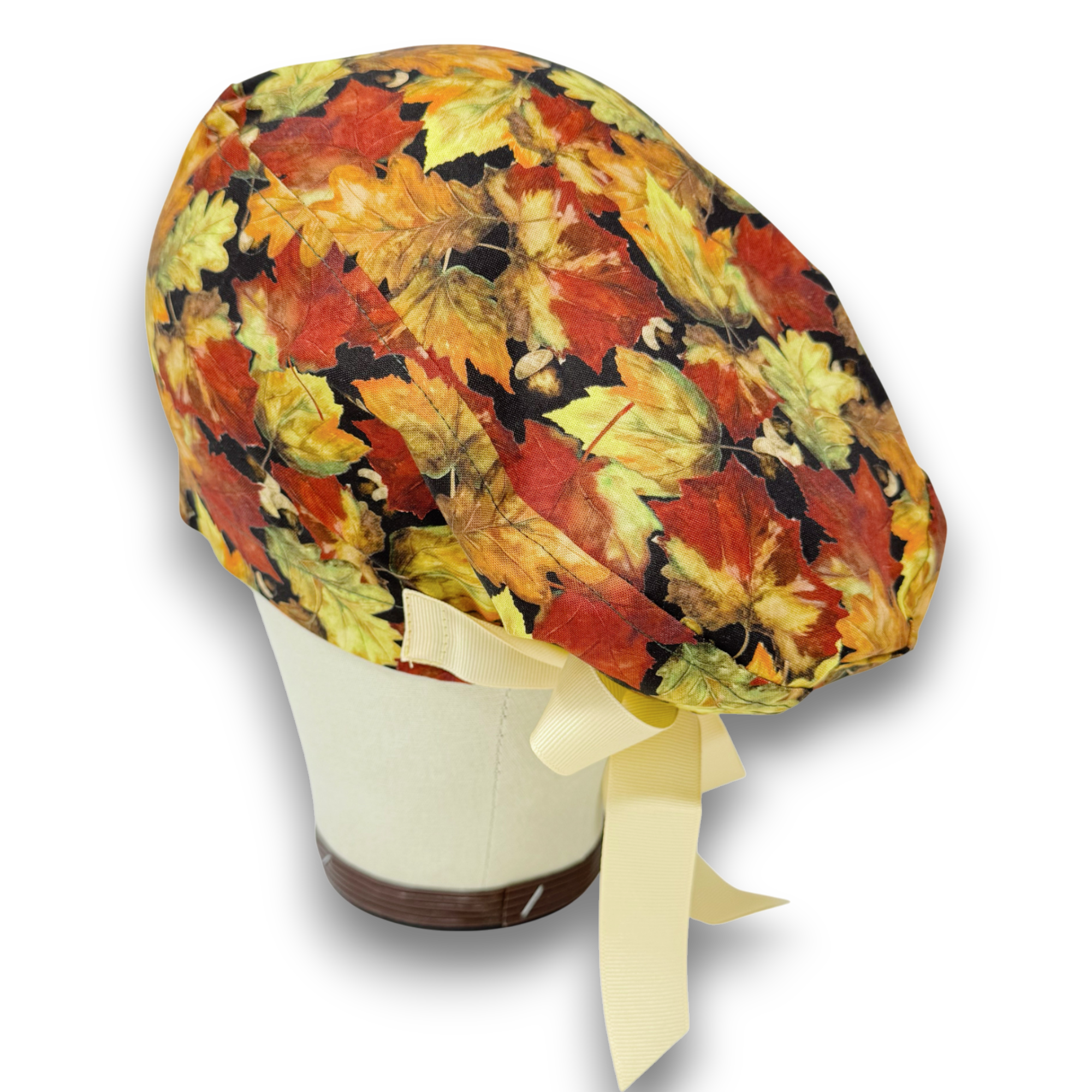 Fall leaves Euro scrub cap with ties for Women by Paradise Caps. Euro PLUS style.