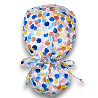 Dots Ponytail scrub cap for women with satin lined option by Paradise Caps.