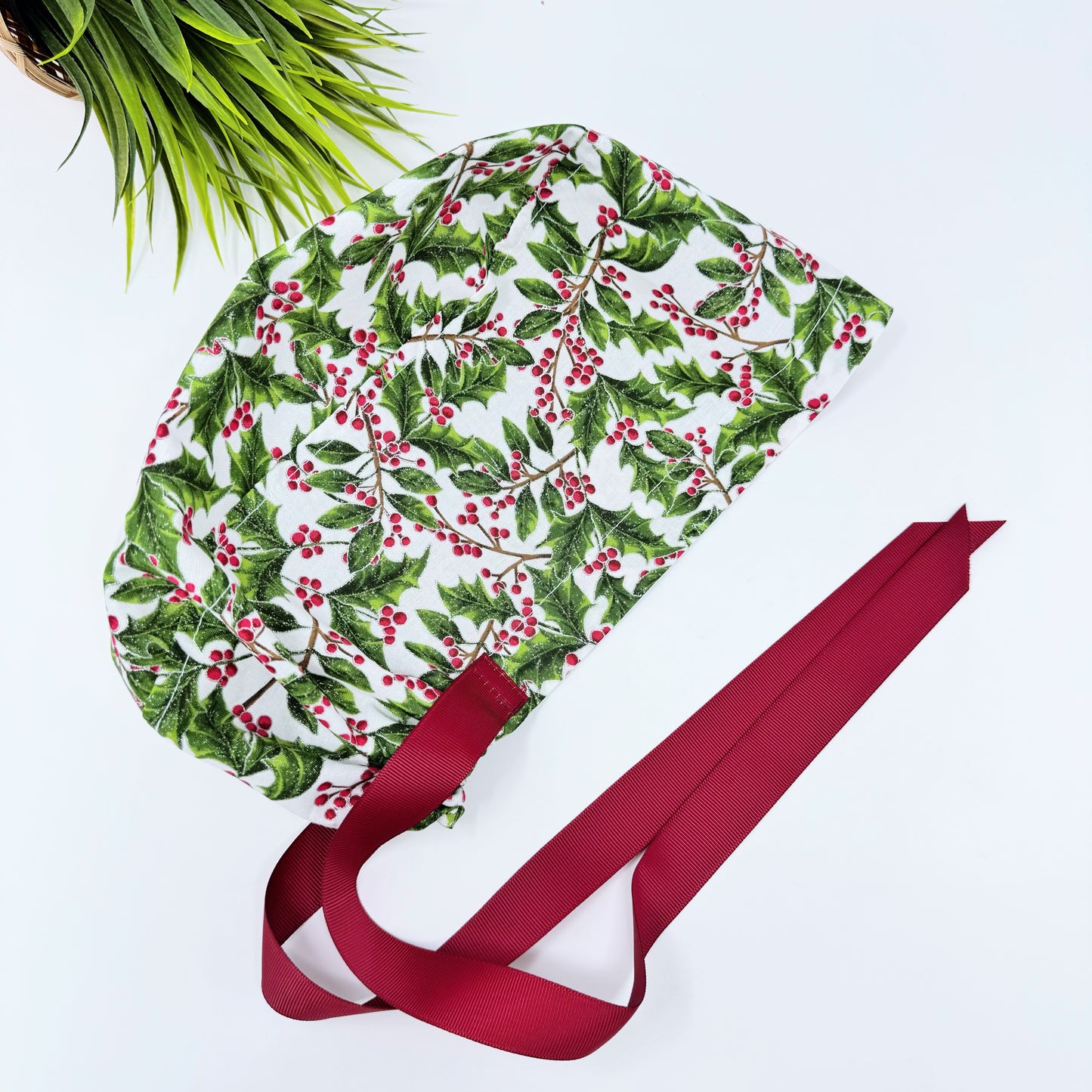 Christmas euro style scrub cap with ribbon ties. Holly Berry scrub cap