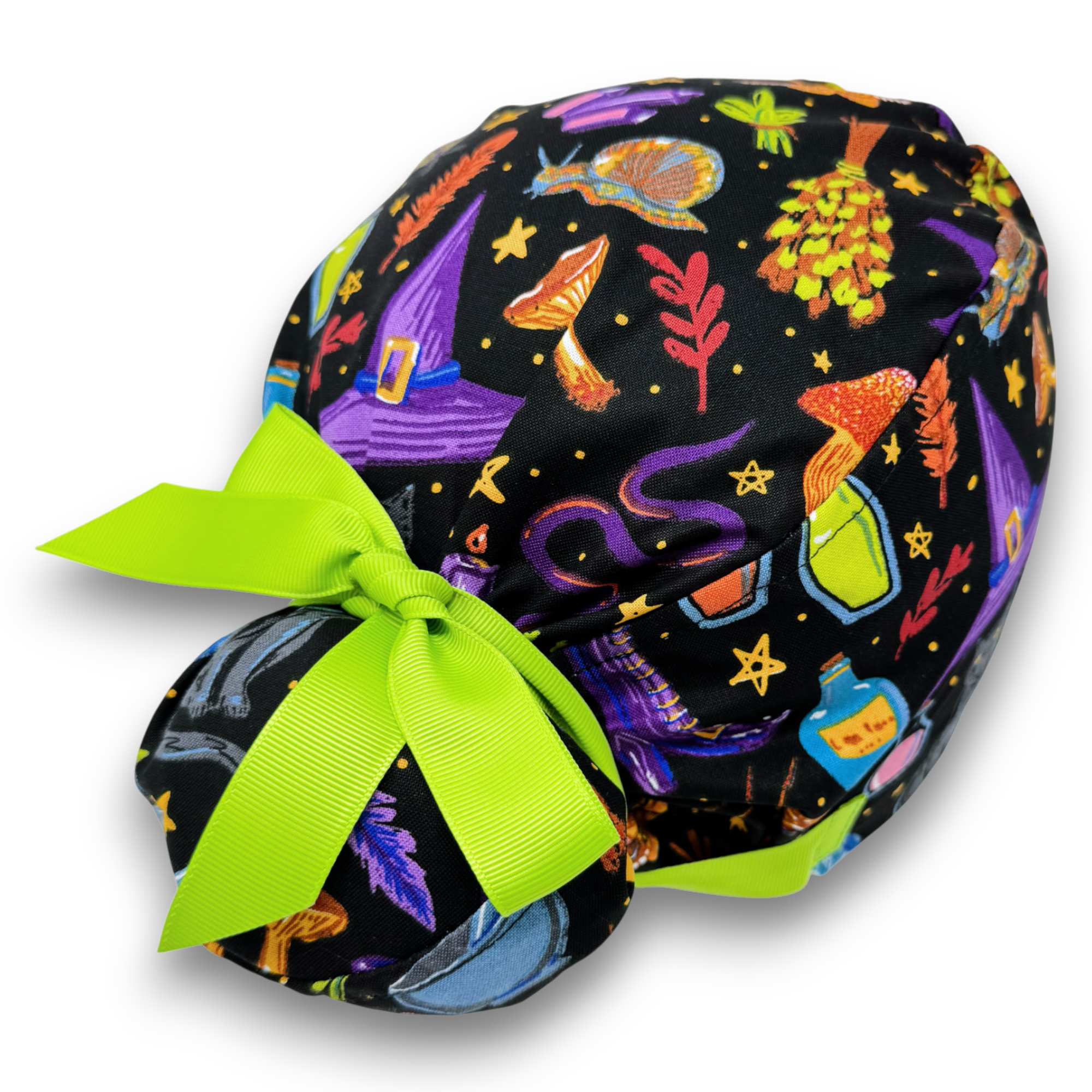 Halloween Witchy Icons Euro PLUS style with ties Scrub Cap for Women, European Surgical cap with Satin Lined Option.