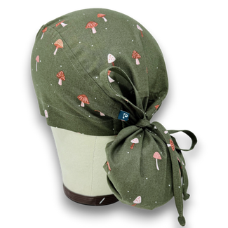 Autumn Mushroom Ponytail scrub cap for women with satin lined option by Paradise Caps.