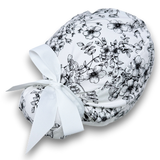Flowers on white Euro PLUS style with ties Scrub Cap for Women, European Surgical cap with Satin Lined Option.